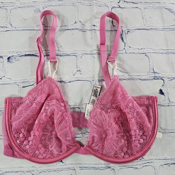 Victoria's Secret Hot Pink Unlined Demi Bra Floral Lace WOMENS 32DD - Picture 1 of 10